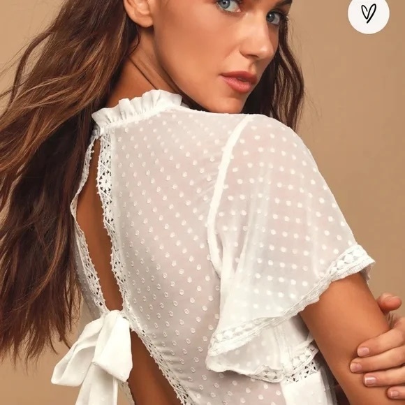 Lulus Fairytale Romance Swiss Dot Sheer Cut Out Tie Back Mini Dress White Medium - Picture 4 of 11